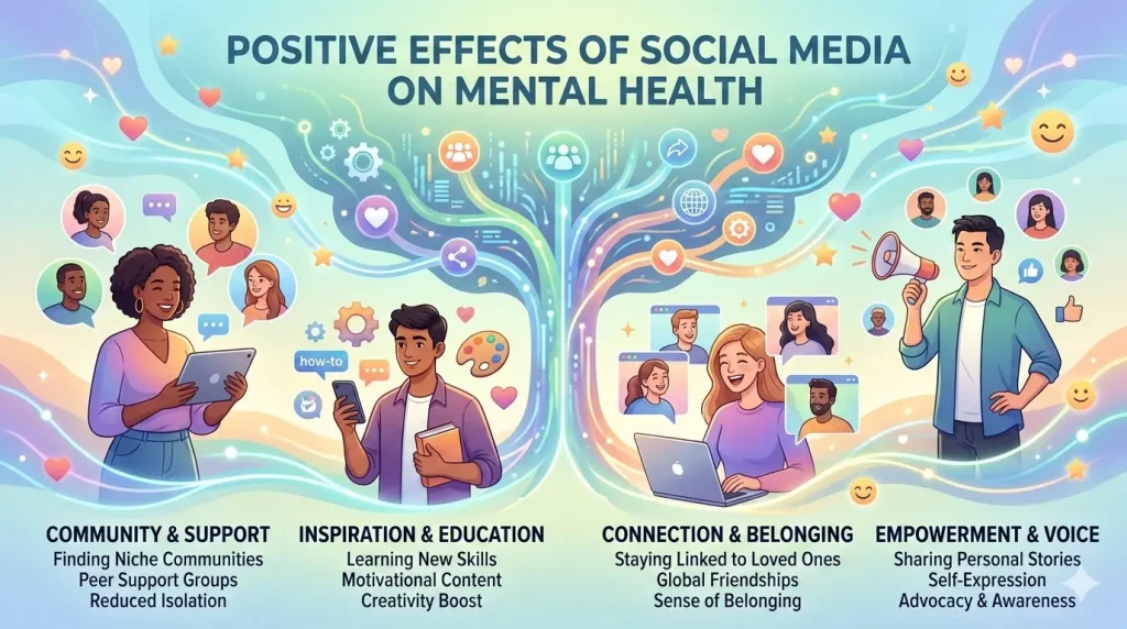 benefits of social media effects on mental health (positive side)